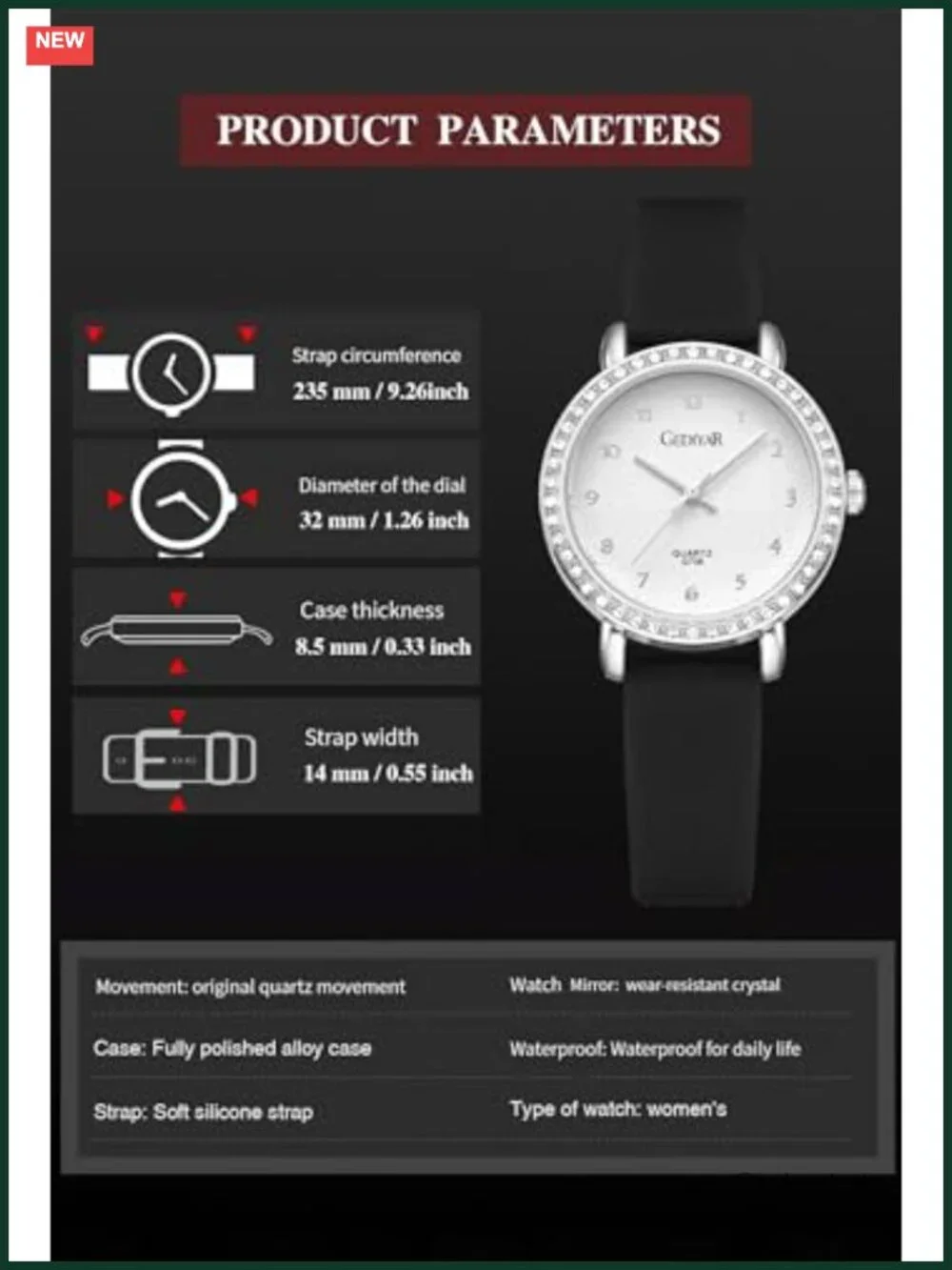 Women's Quartz Watch Crystal Rhinestone Bezel Waterproof Analog Silicon
